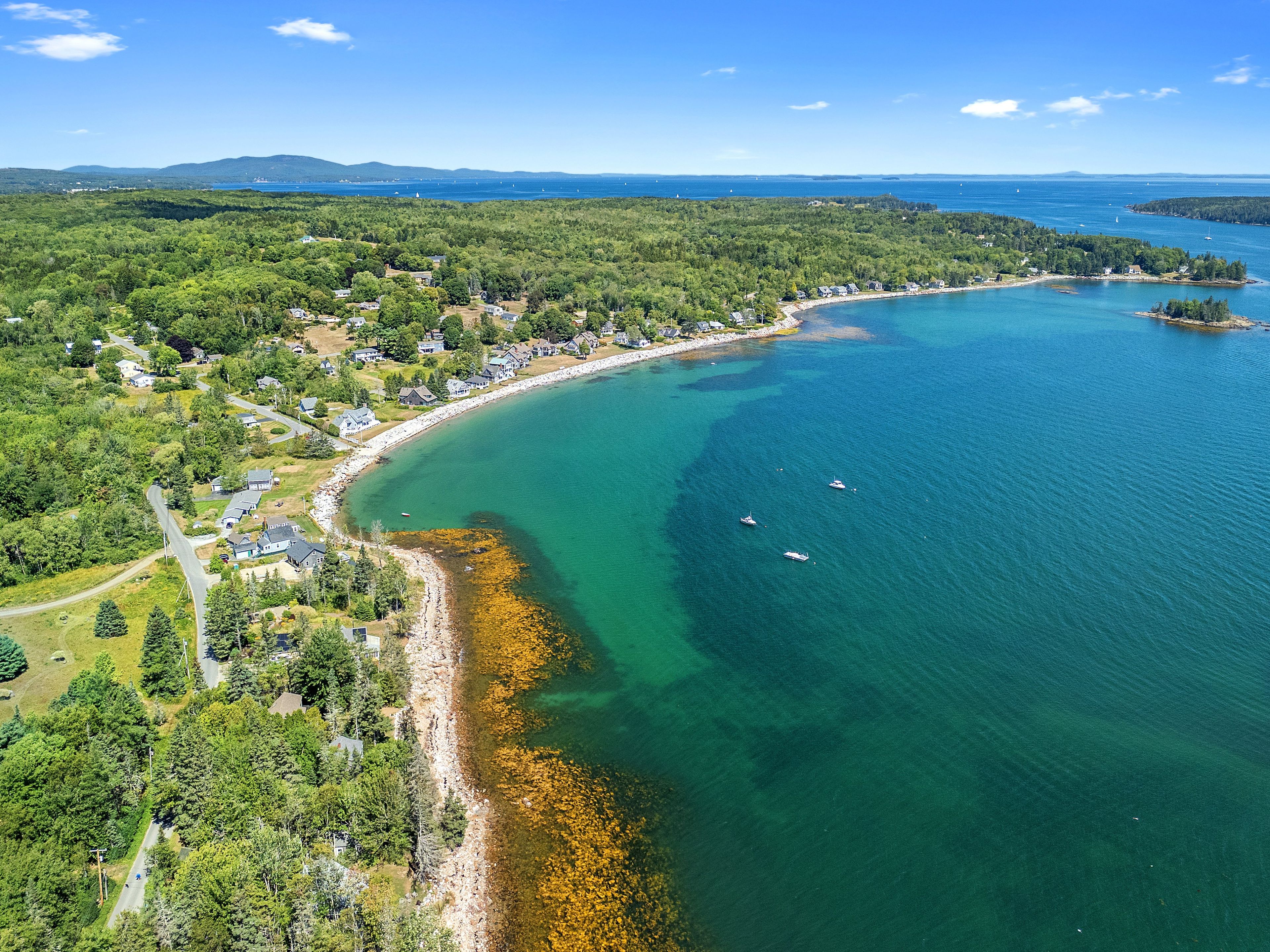 A coastal residential area with houses along the shoreline and boats in the water.