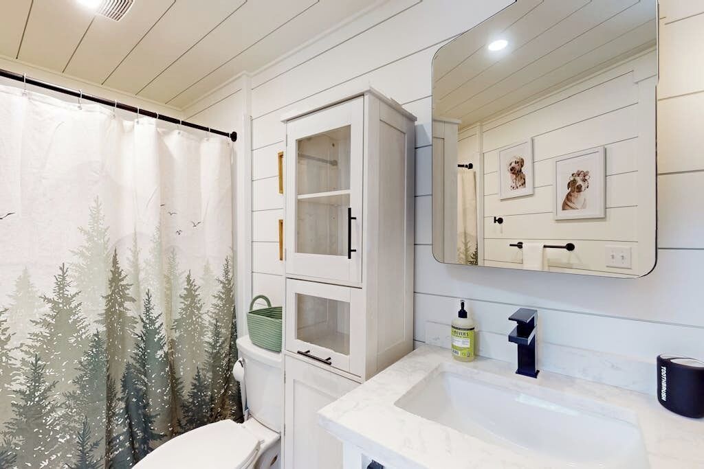 A bathroom with a shower curtain depicting a forest scene, a white cabinet with glass doors, a mirror with framed pictures, and a sink with a soap dispenser.