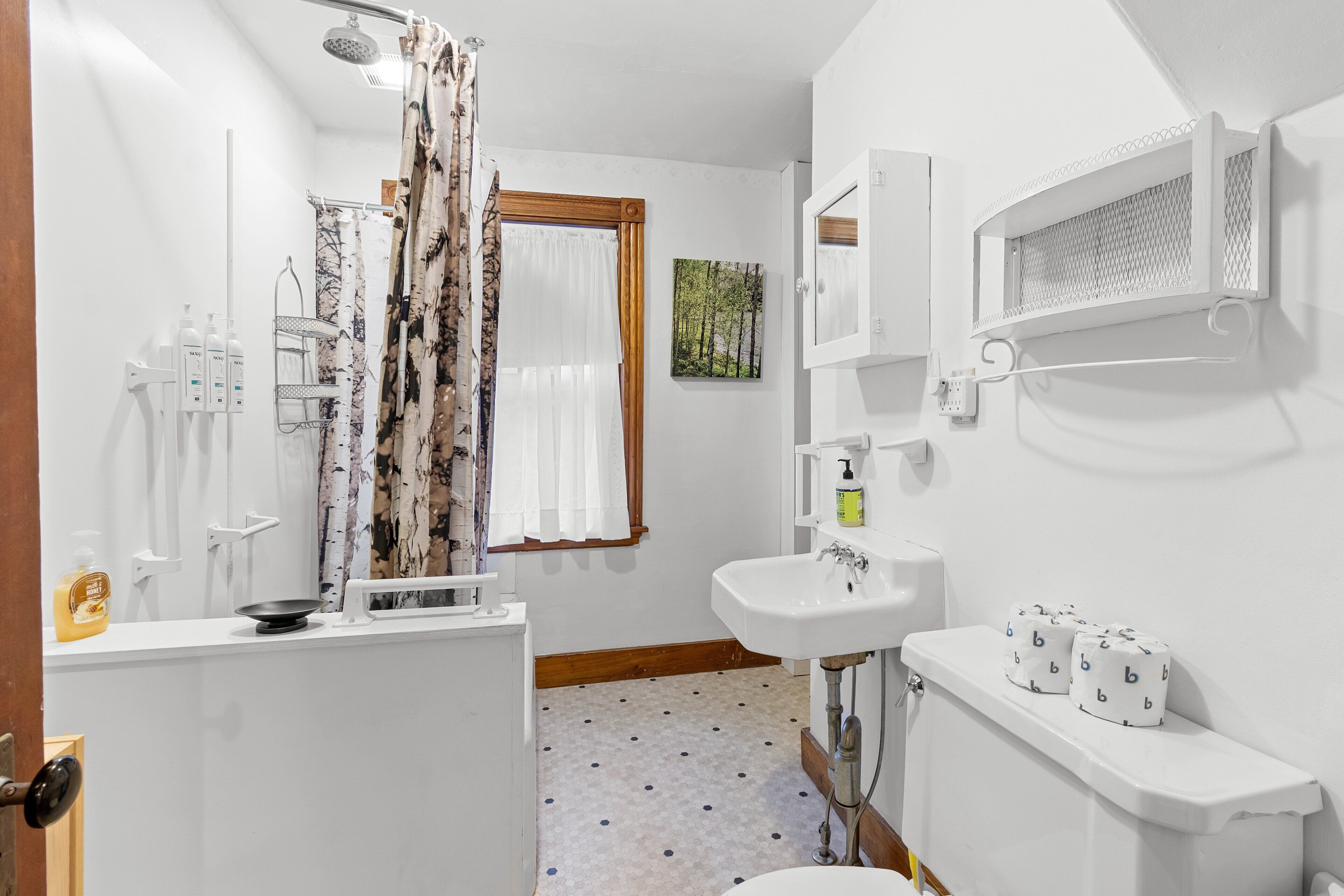 Un baño con ducha, inodoro, lavamanos y ventana con vistas a árboles.