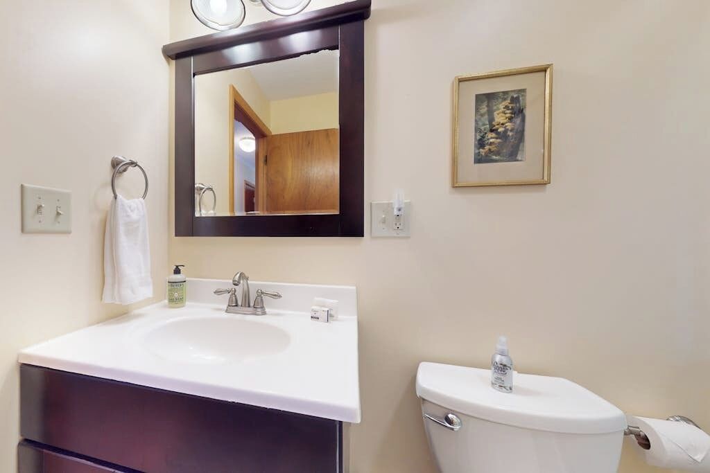 A bathroom with a white sink, a mirror, a toilet, and a framed picture on the wall.