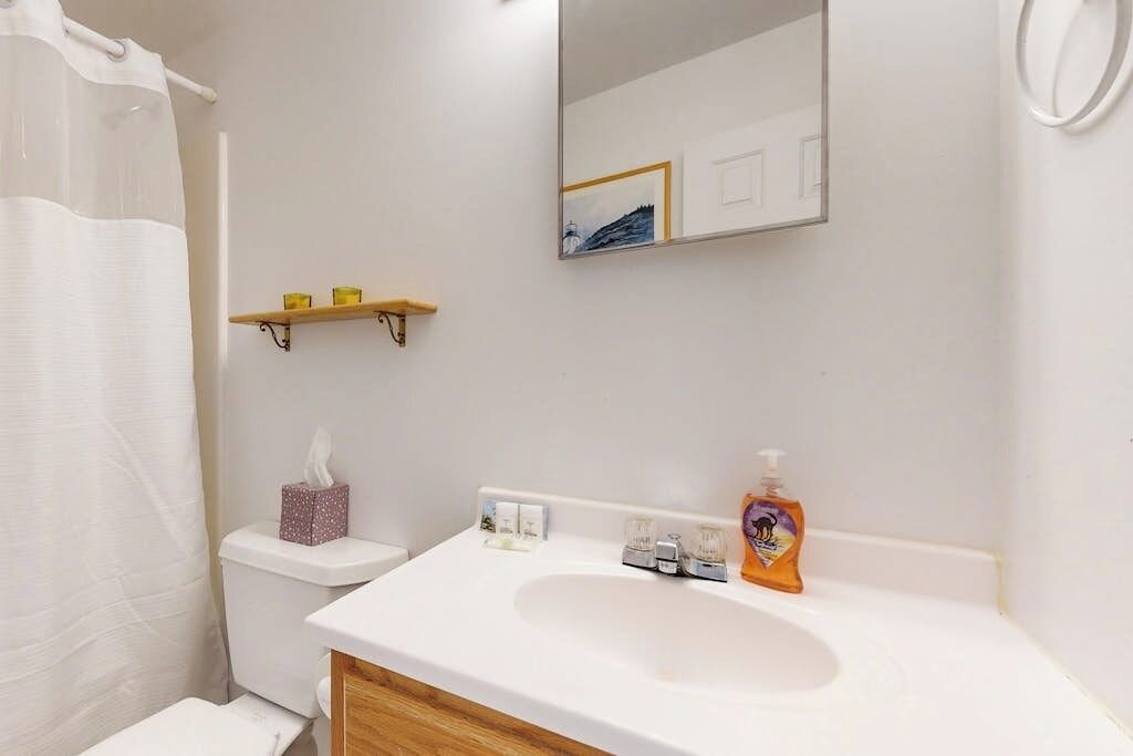 Un baño con lavamanos blanco, un espejo, cortina de ducha y estante con artículos de aseo.