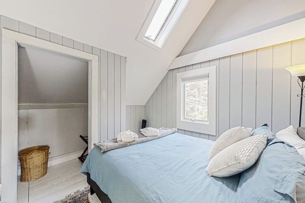 A bedroom with a skylight, a bed with pillows, a window, and a closet.