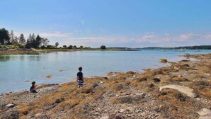 A beach with rocky terrain and a clear view of the water. - Tideriver, Waterfront Cottage in Maine (Port Clyde)