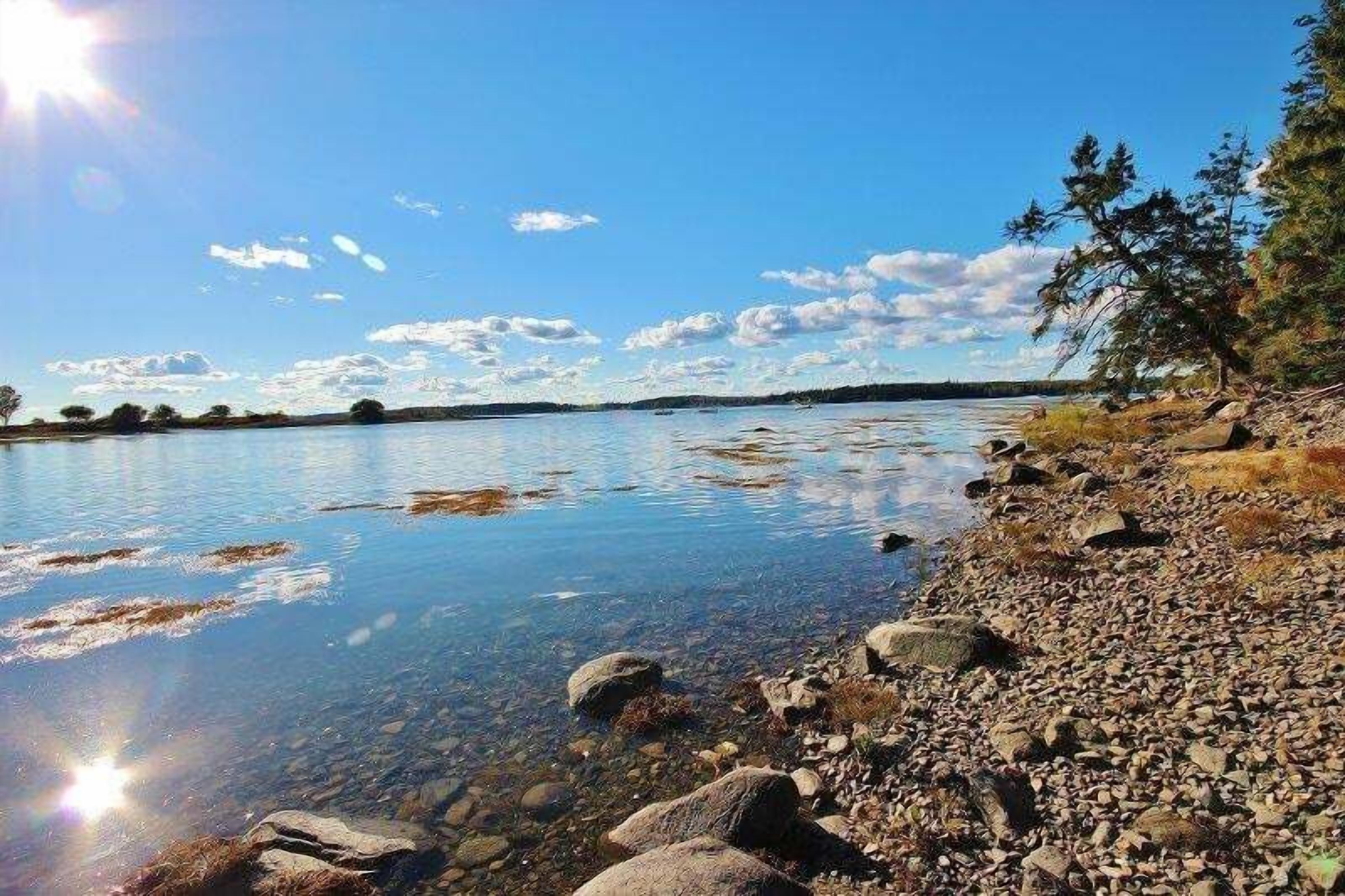 A clear lake with a rocky shoreline and trees.