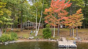 A cabin with a dock extending into a lake, surrounded by trees and a grassy area.