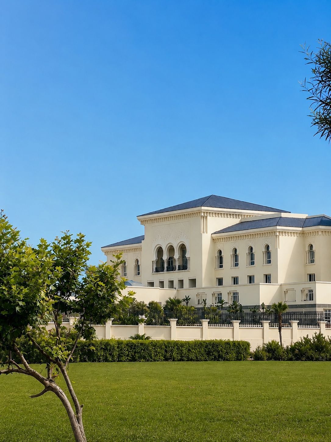 A large, white building with a symmetrical facade, multiple windows, and a central entrance.