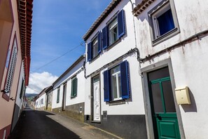 Eine enge Straße mit weißen Gebäuden, blauen Fensterläden und einer grünen Tür.