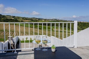 Eine Terrasse mit Blick auf Weinberge, ein Tisch mit zwei Weingläsern und ein kleiner Blumentopf.