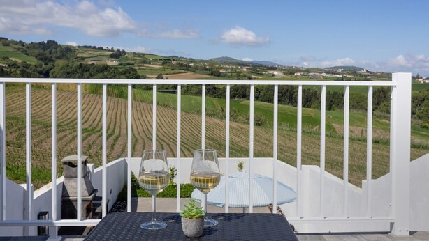 Una terraza con una mesa, dos copas de vino y una planta en maceta.