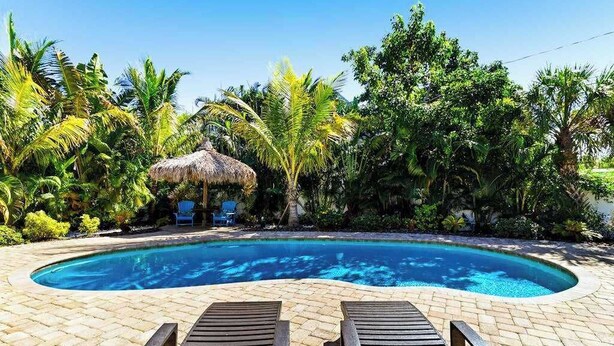 Ein Swimmingpool mit Liegestühlen, umgeben von tropischer Vegetation und einem Strohdachschirm.