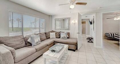 Serene oceanfront suite with Gulf view, grill, patio, central AC, & WD