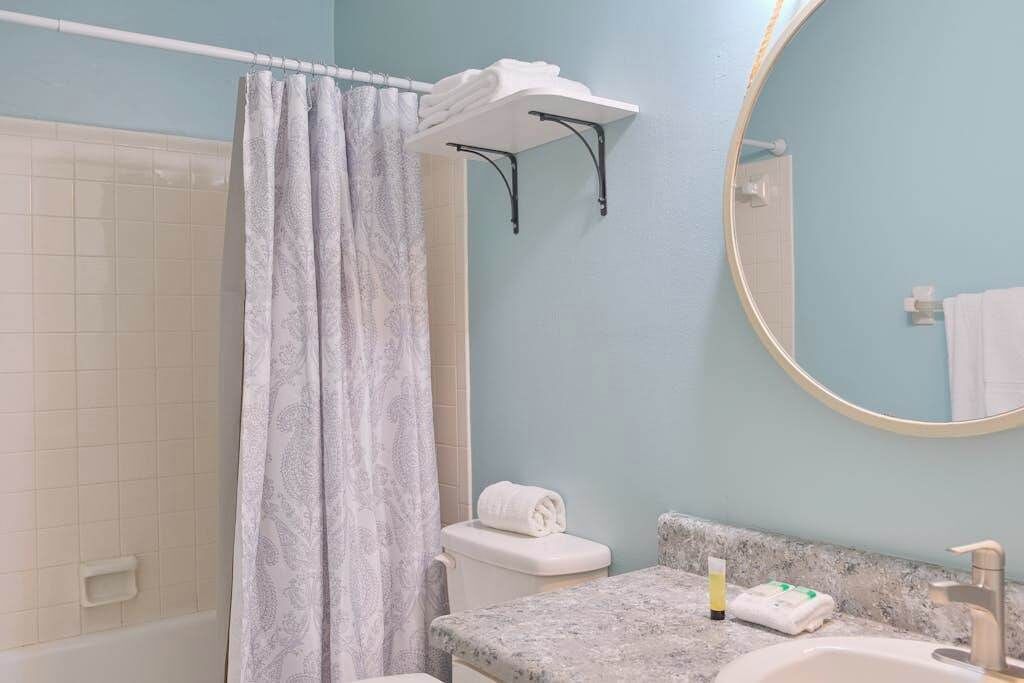 Un baño con cortina de ducha, inodoro, lavabo y espejo.