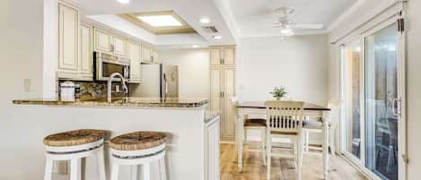 Coffee/tea maker, fridge, microwave, oven