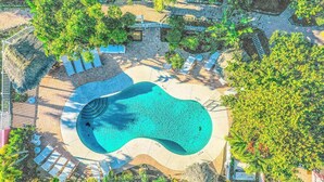 Vue aérienne d’une piscine entourée de chaises longues et de verdure.