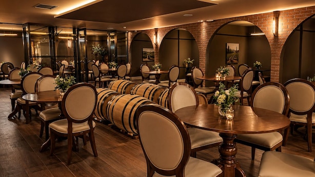 A restaurant with wooden tables and chairs, brick walls, and barrel decorations. - Castelos do Vale by Livá OFICIAL (Vale dos Vinhedos)