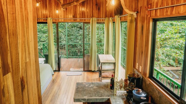 Un interior de madera con una mesa, sillas y vistas al exterior con vegetación.