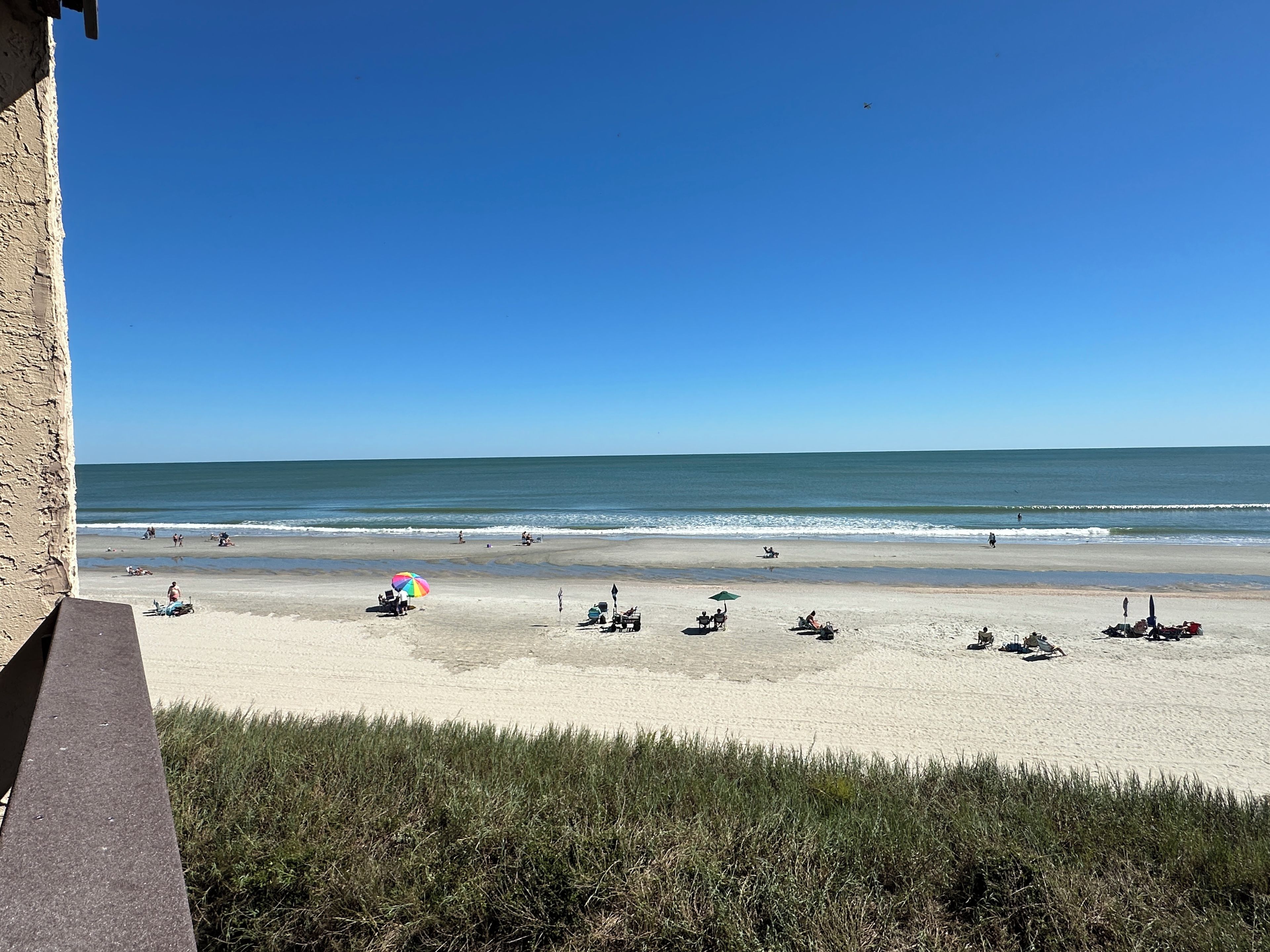 Une plage avec un ciel dégagé, un rivage sablonneux et quelques parasols.