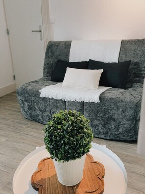 Un canapé gris avec un plaid blanc et des coussins noirs, une petite plante en pot posée sur une table ronde en bois, et un plancher en bois.