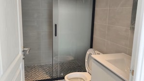 A bathroom with a glass-enclosed shower, a toilet, and a sink. - Studio with Garden at Villa Nemours (Chaville)