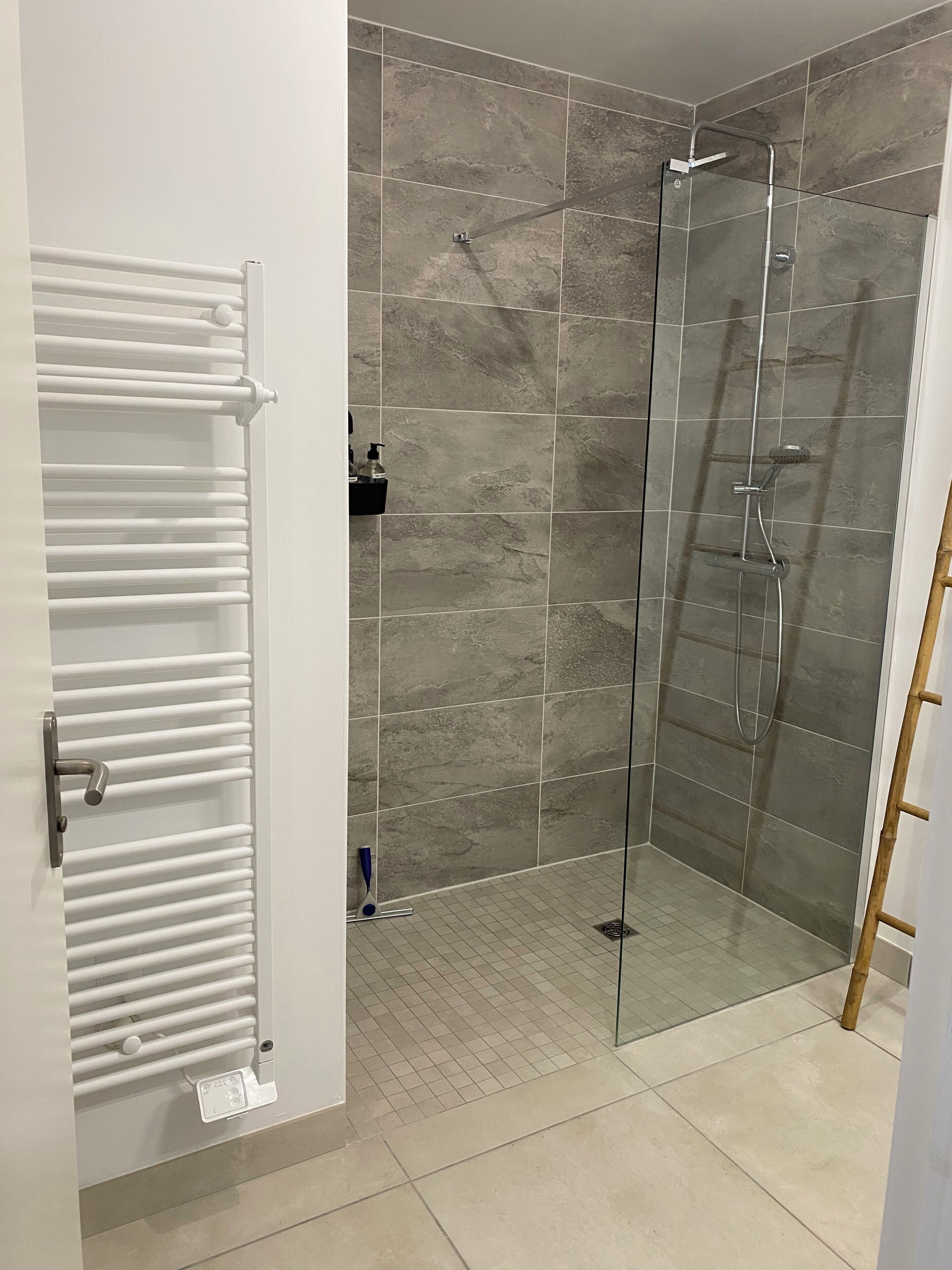Une douche avec une porte en verre, un porte-serviettes blanc et une échelle en bois.