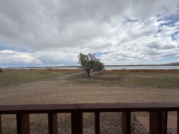 A view of a natural landscape with a tree, open fields, and a body of water under a cloudy sky.
