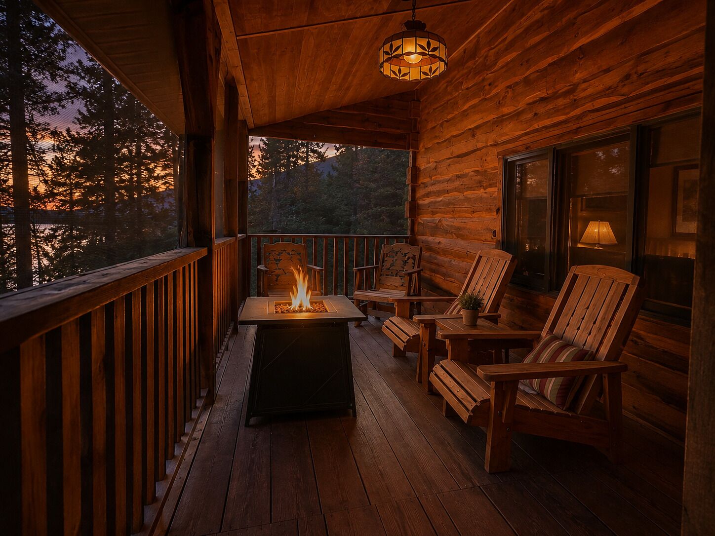 Une terrasse en bois avec un foyer, des sièges et une vue sur les arbres.