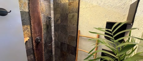 A shower area with a rain showerhead, a wooden ladder, and a potted plant.