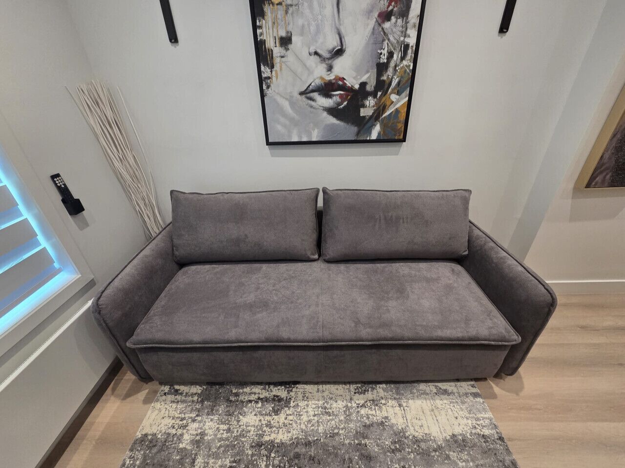 A grey sofa with two cushions in a room with a modern design, a painting on the wall, and a window with blinds.