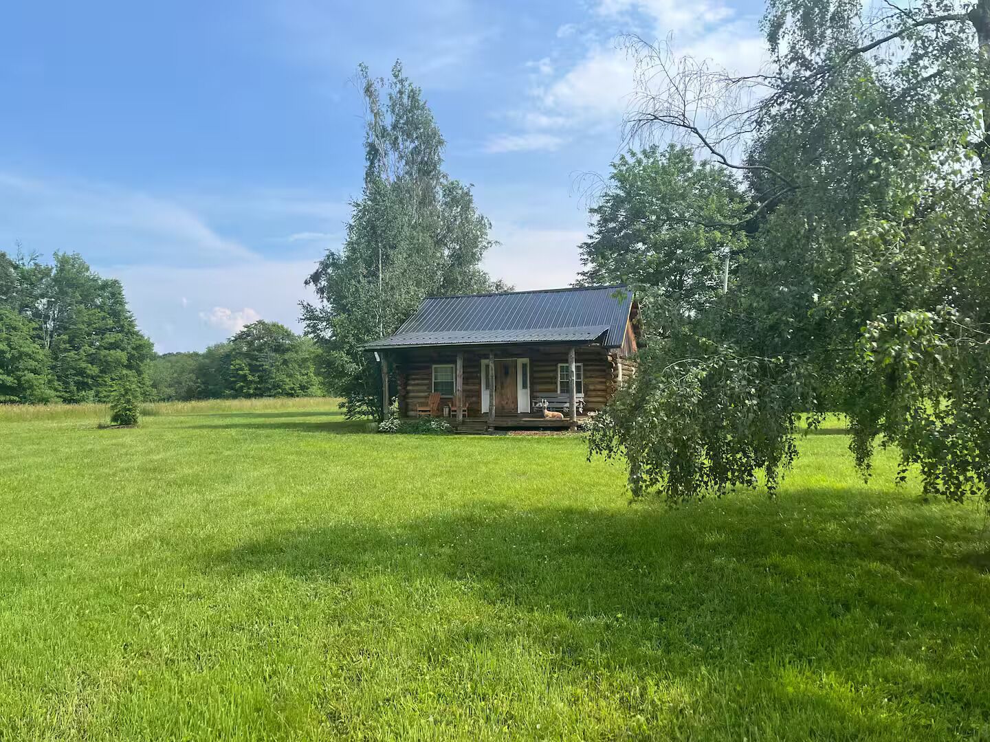 Une cabane en rondins dotée d’un porche, entourée d’un champ verdoyant et d’arbres.