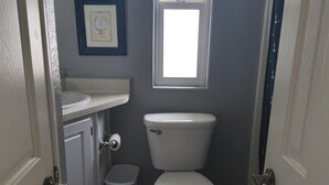 A bathroom with a toilet, sink, and window.
