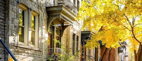 A row of historic stone buildings with ornate balconies and a tree with yellow leaves in the foreground.