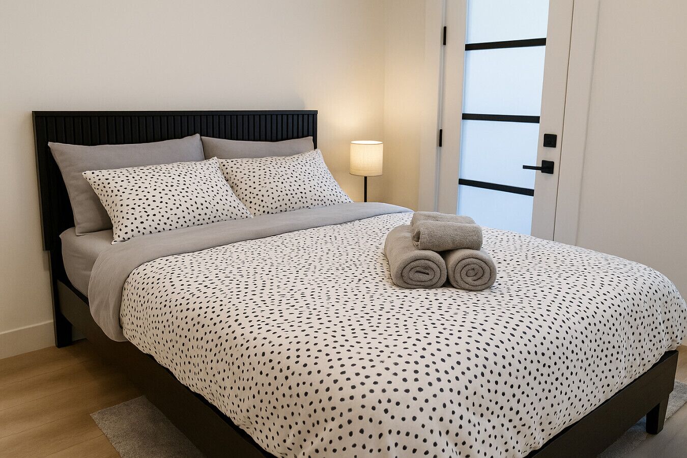 A neatly made bed with a polka dot bedspread, a dark headboard, and a lamp beside it.