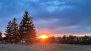 A sunset over a grassy field with trees and a distant building. - Oceanview Cottage - Beach - Peaceful - Amazing Views (Cottage Name= Dune View) (Malpeque)
