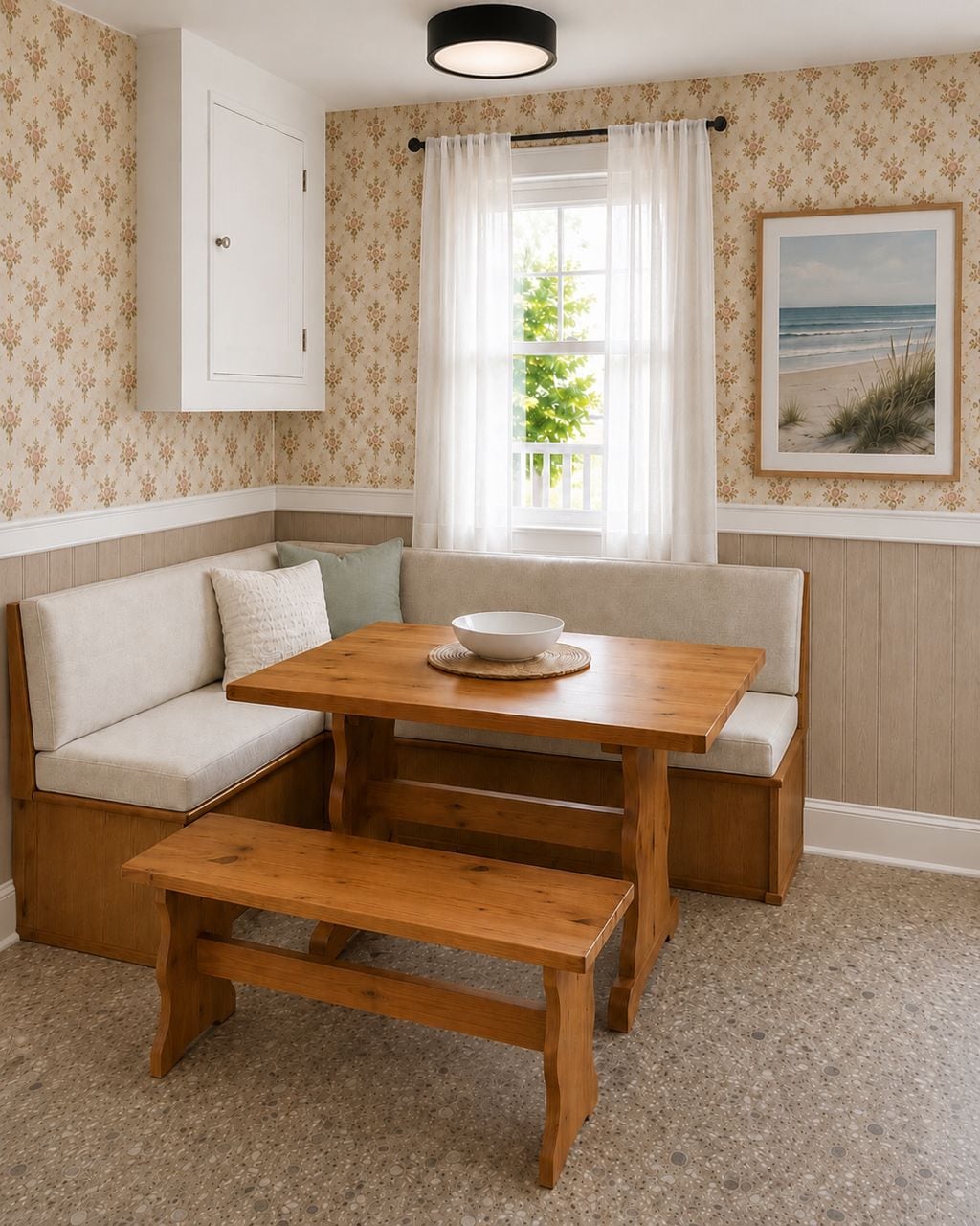 Una habitación de esquina con una mesa de madera, un banco y una ventana con cortinas.