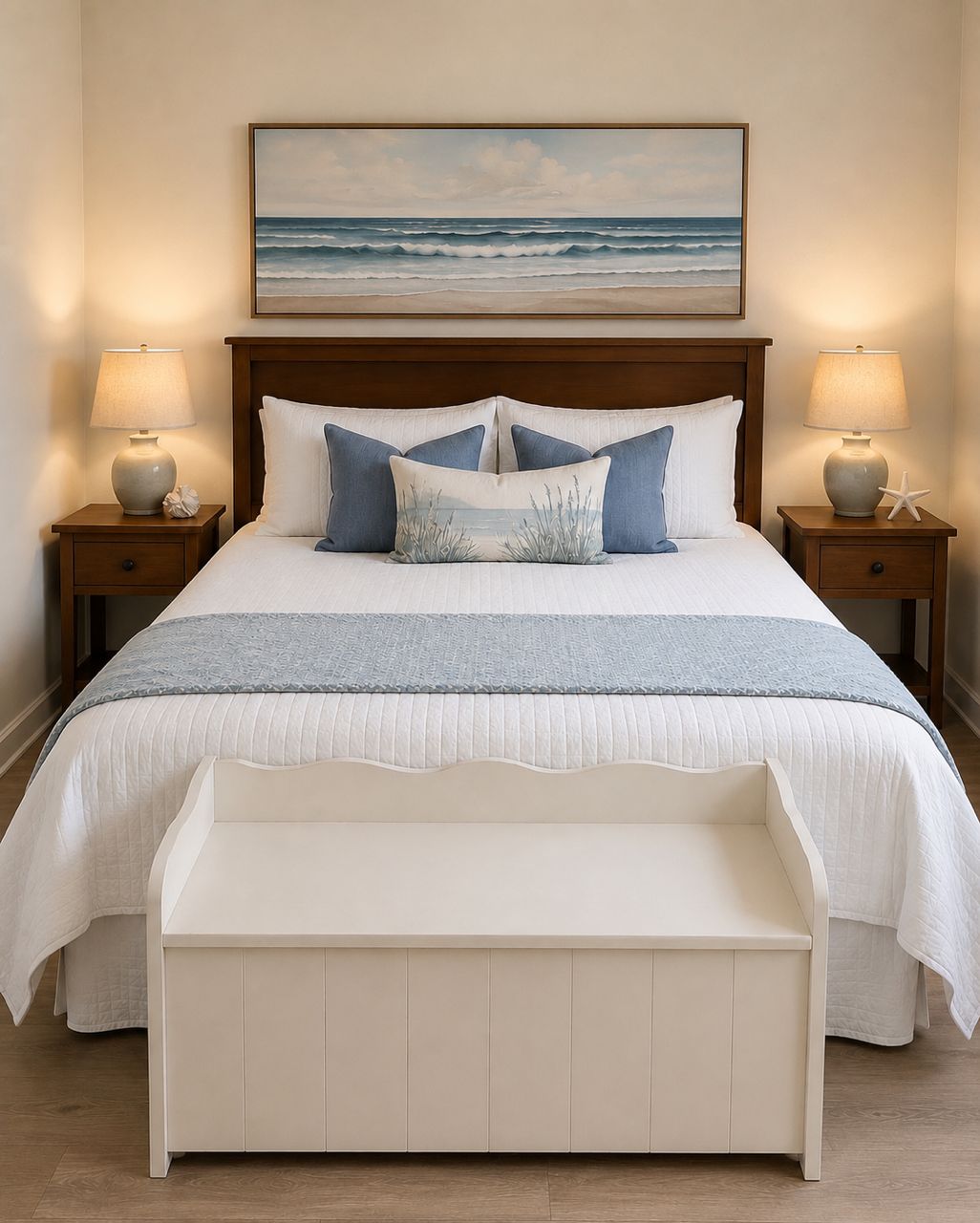 Une chambre à coucher avec un lit, des tables de chevet, un banc et un tableau représentant l’océan.