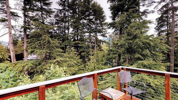 A wooden deck with two chairs and a table, surrounded by dense forest and tall trees.
