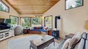 Un soggiorno moderno con soffitto in legno, ampie finestre, un divano, una televisione, un camino e una chitarra.