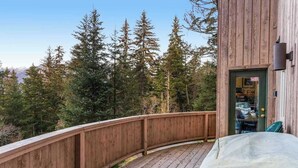 Eine Holzterrasse mit gewölbtem Geländer, das auf einen bewaldeten Bereich blickt.