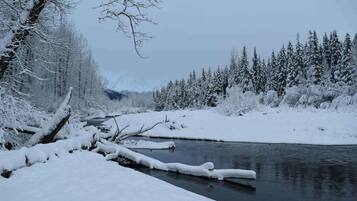 Un paysage enneigé avec une rivière, des arbres et une montagne en arrière-plan.