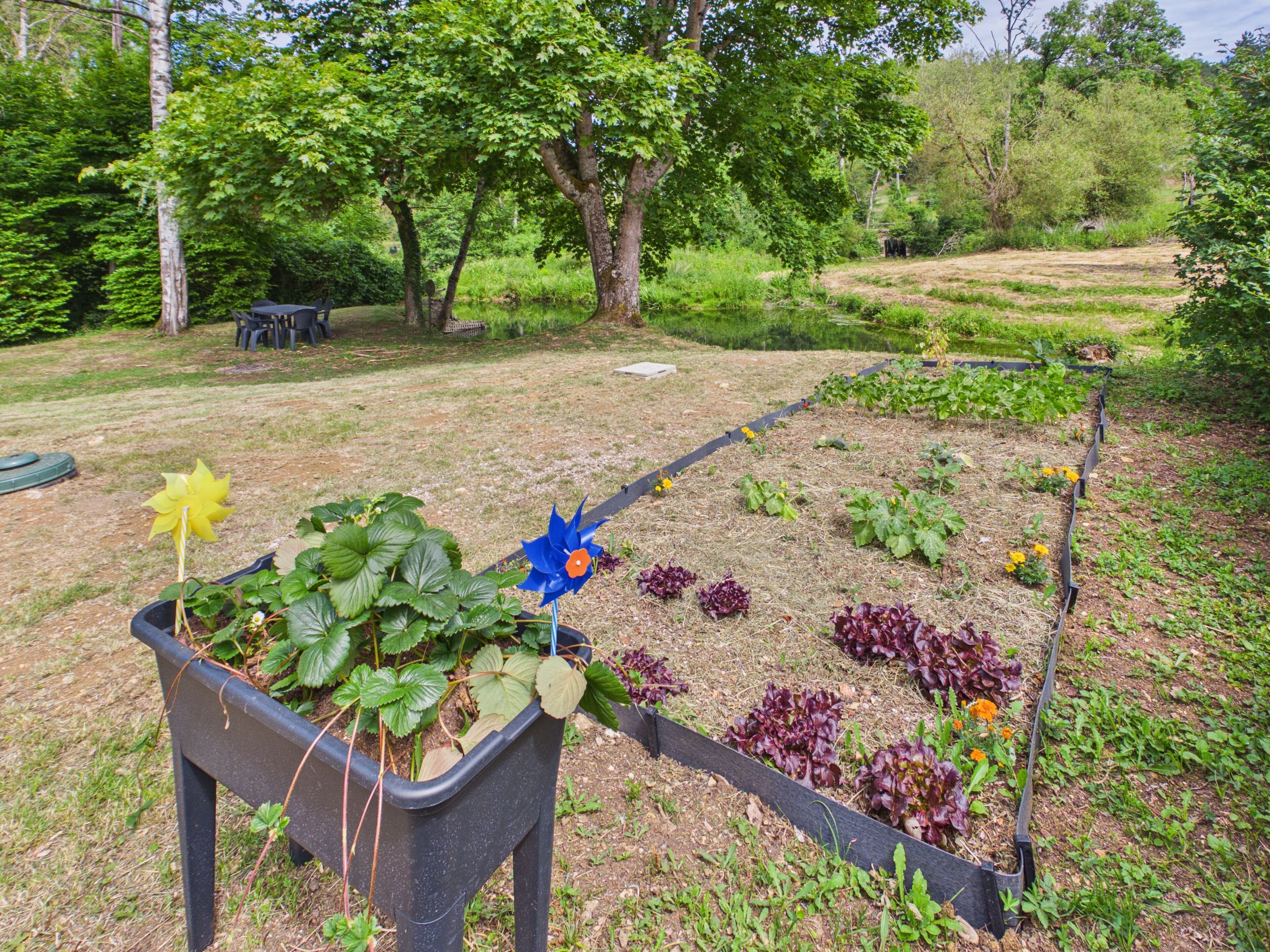 Un jardin avec des plates-bandes surélevées, une brouette et un banc.