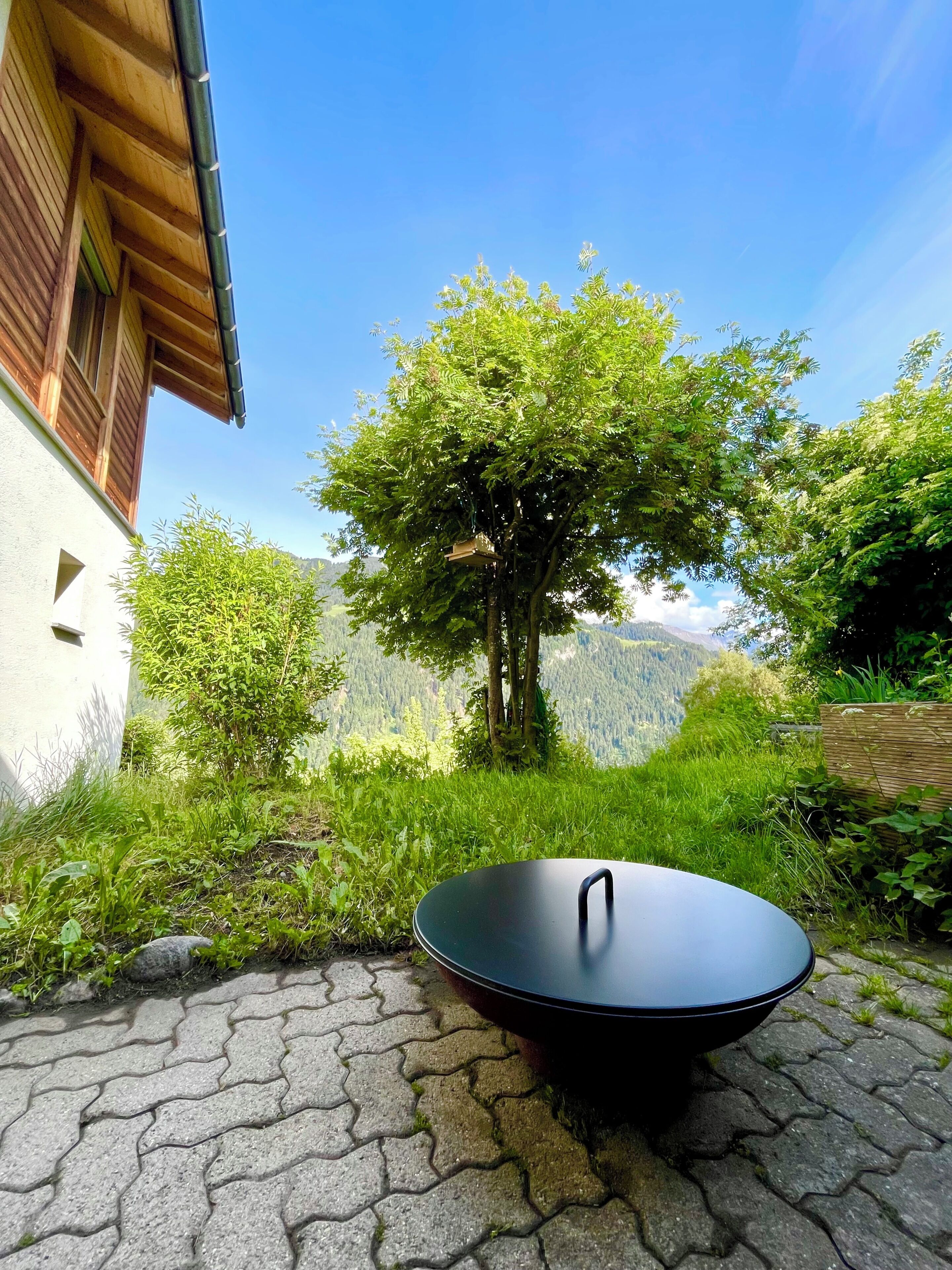 Scenic mountain-view patio with lush garden and cozy outdoor fire pit