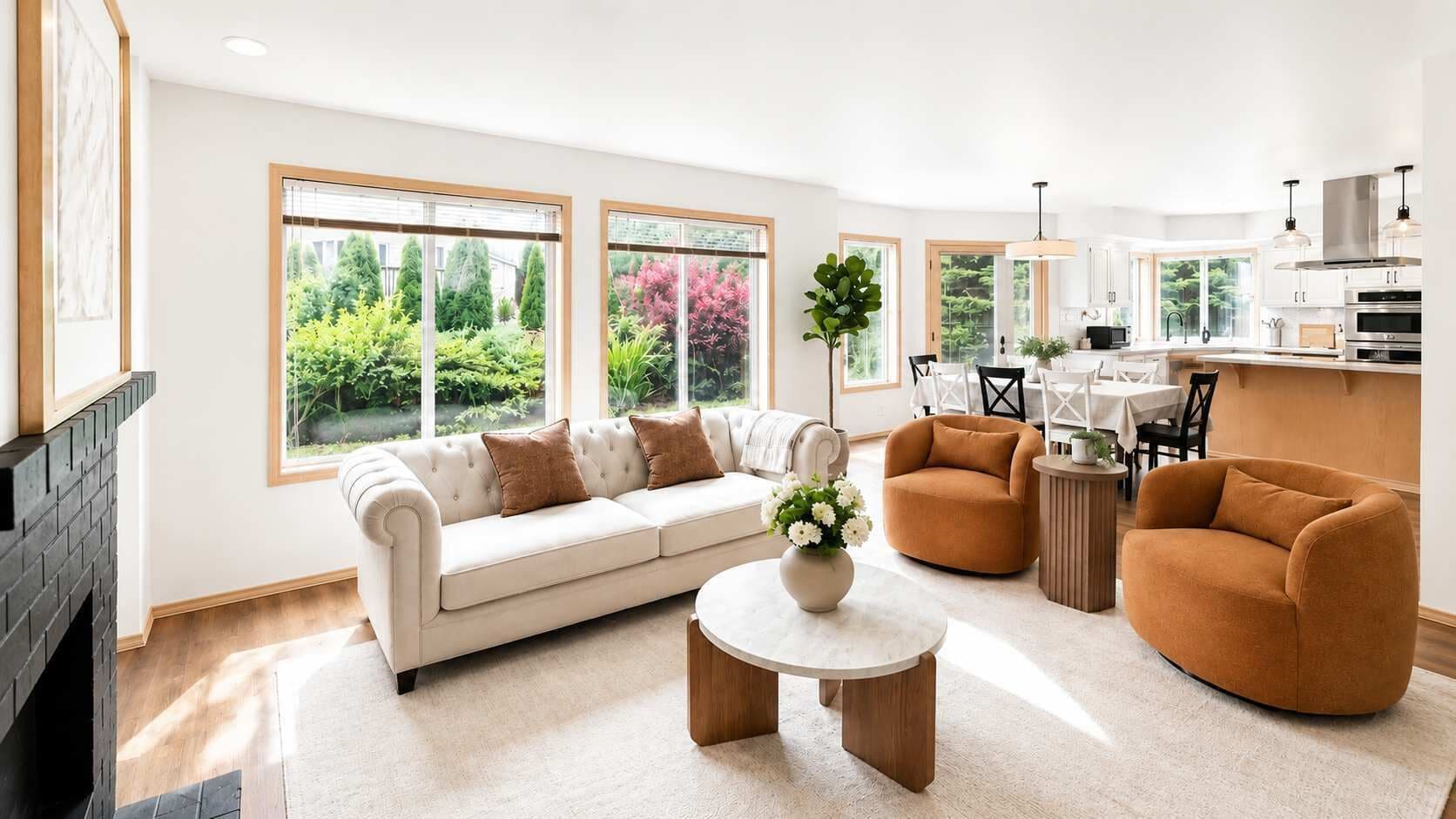 A modern living room with a sofa, armchairs, a coffee table, and a fireplace.