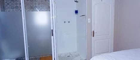 A bedroom with a bed, a TV, a sliding glass door leading to a shower area, and a door to another room.
