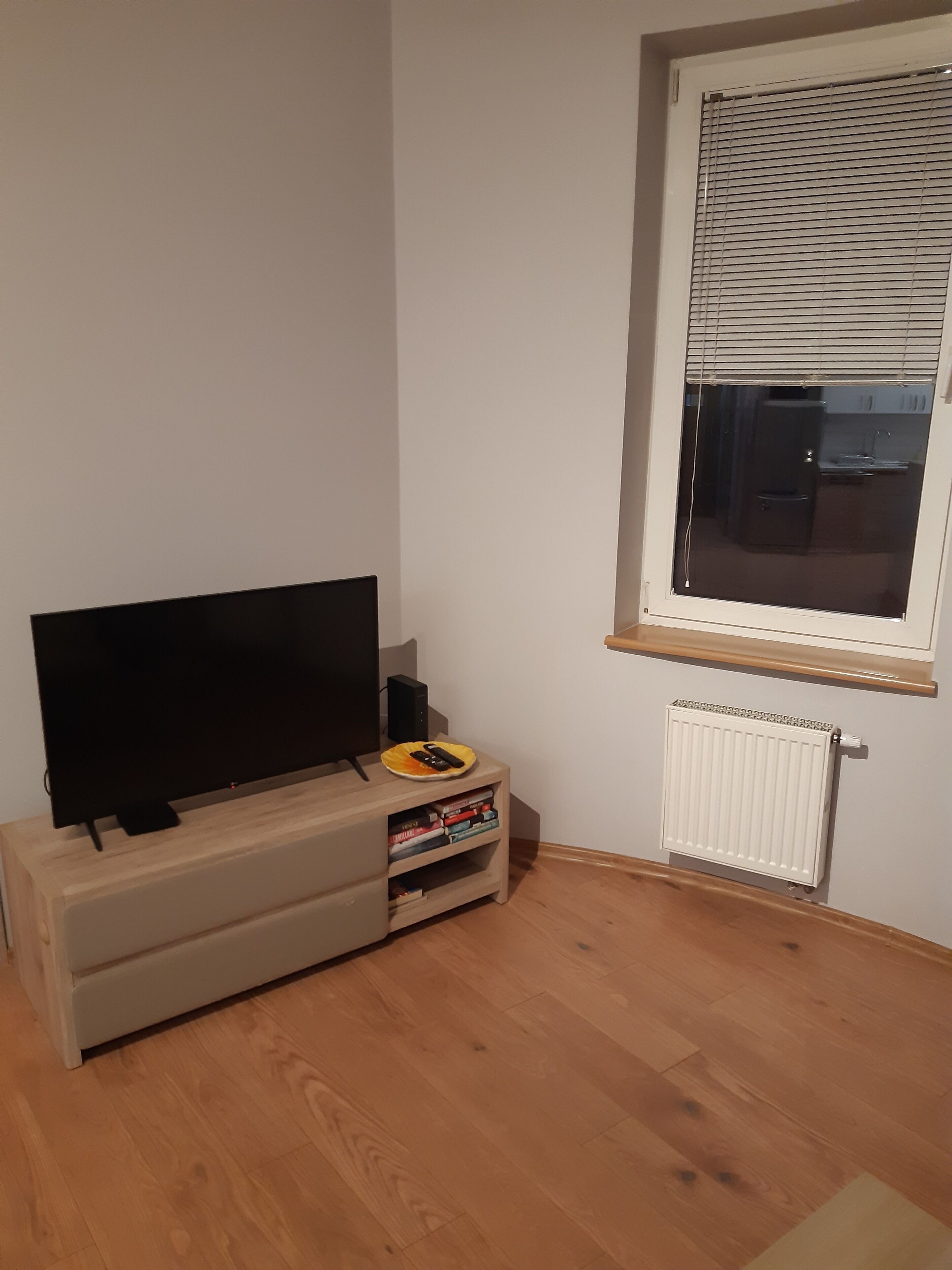 Um quarto com televisão sobre suporte de madeira, uma pequena prateleira com livros e um comando, uma janela com persianas e um radiador.