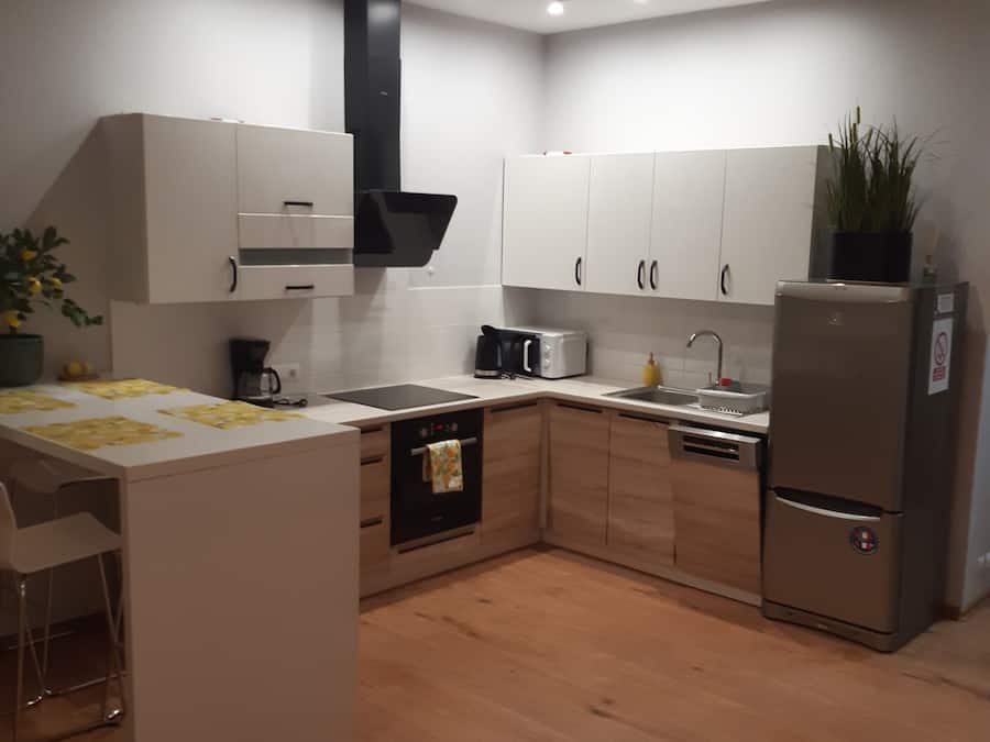 Mini-fridge, microwave, oven, stovetop