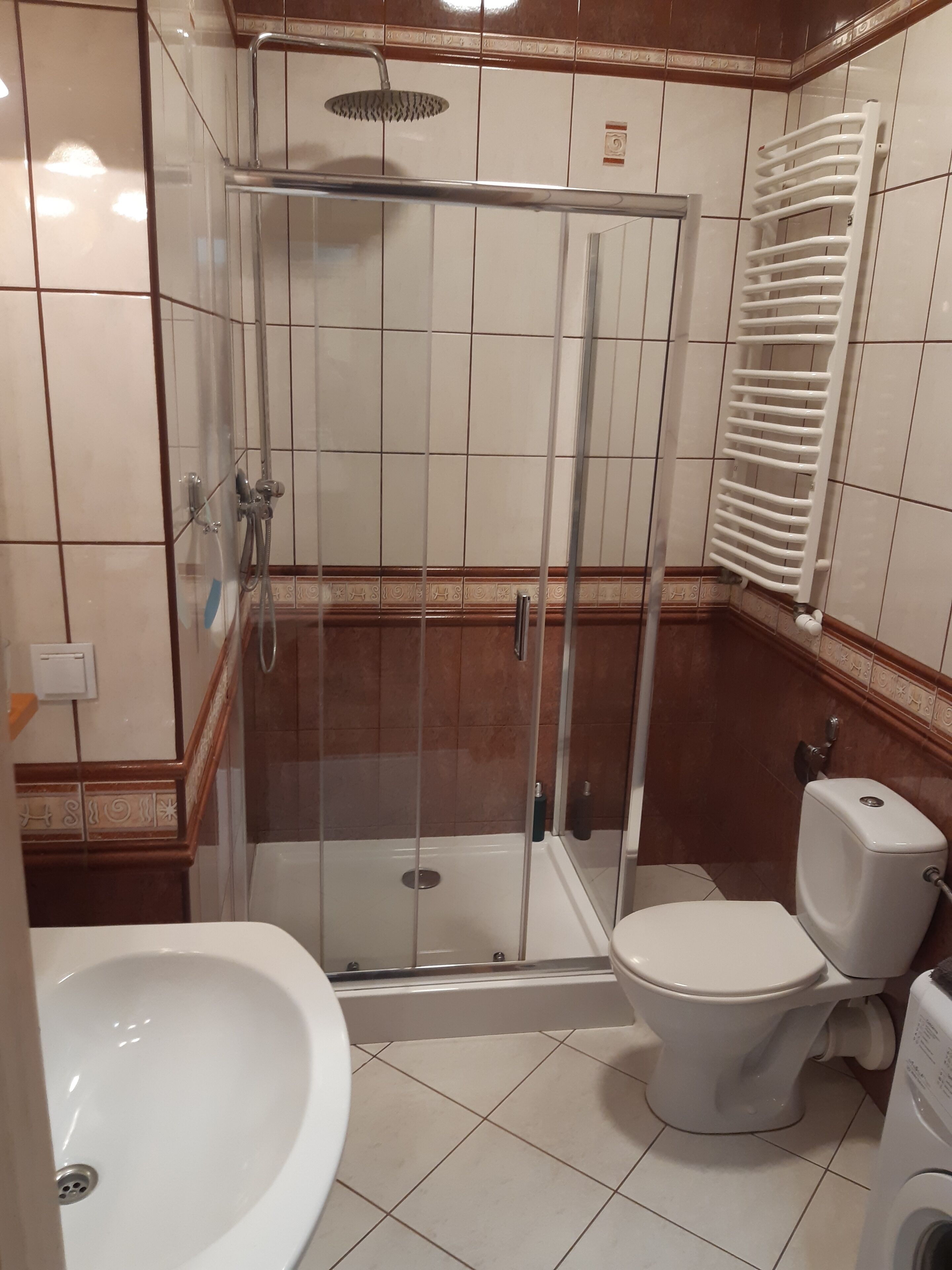 Un baño con ducha de vidrio, inodoro y lavamanos.
