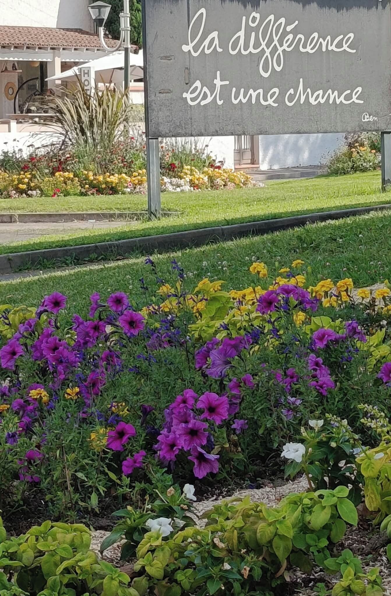 Un jardin avec des fleurs et une pancarte portant un texte en français.