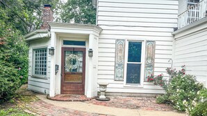 Exterior detail - Historic Lindsey House 1878 estate-stained glass, upper veranda (Springfield)
