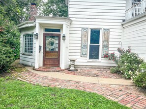 Exterior detail - Graceful historic estate in south-east Springfield-stained glass, upper veranda (Springfield)
