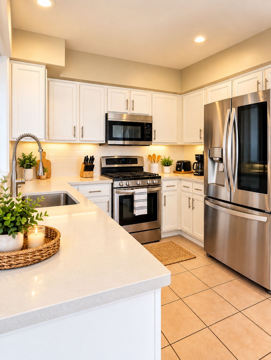A modern kitchen with white cabinets, stainless steel appliances, and a central island with a sink.